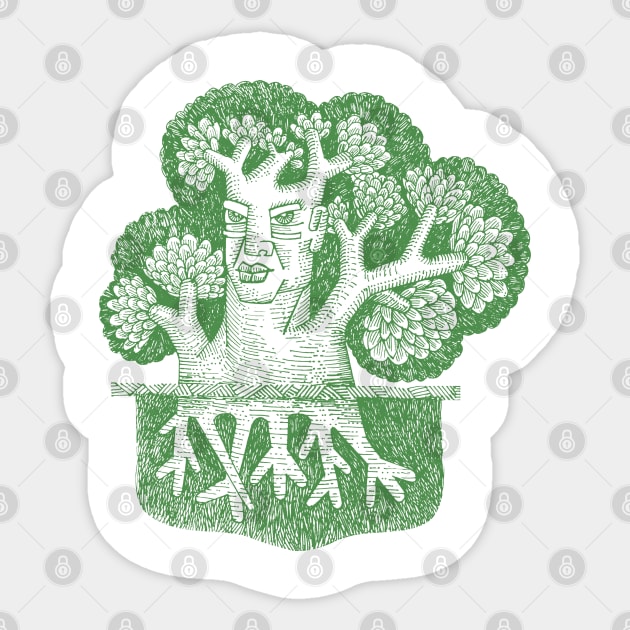 Forest God Soul Expression with Side Profile of a Man and His Head with Leafy Tree Branches Hand Drawn Illustration with Pen and Ink Cross Hatching Technique 2 Sticker by GeeTee